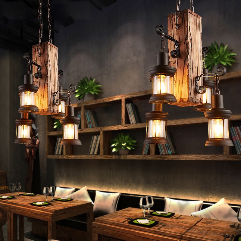 Wrought Iron Brown Pendant Light in Industrial Vintage Style Wooden Sputnik Ceiling Light for Commercial Place