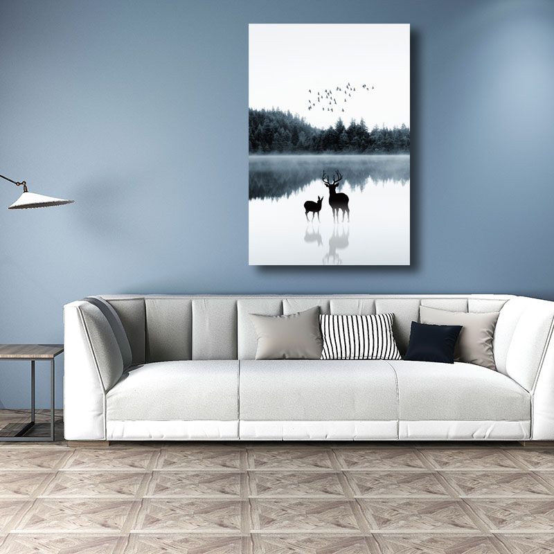 Reflection Wall Decor Contemporary Calming Deer and Forest Canvas Prints in Blue for Guest Room