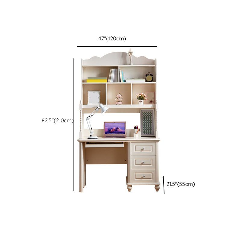 White Writing Desk with 3 Storage Drawer and Bookshelf in Solid Wood