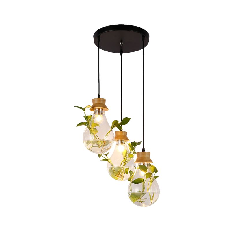 12 "/19.5" W 3-Kopf-Cluster-Anhänger Pendellanbauer Farmhaus-Glühbirne Clear Glass Hanging Light Kit im schwarzen, linearen/runden Baldachin