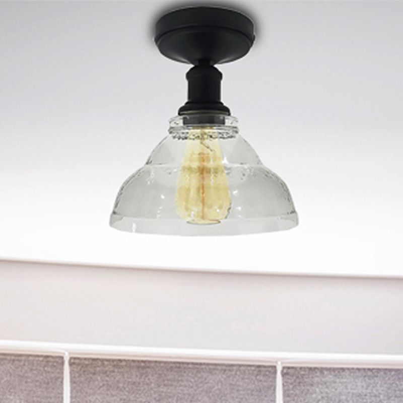 1 Light Bowl Shade Semi Flush Light Industrial Black/Chrome Clear Glass Ceiling Mount for Living Room