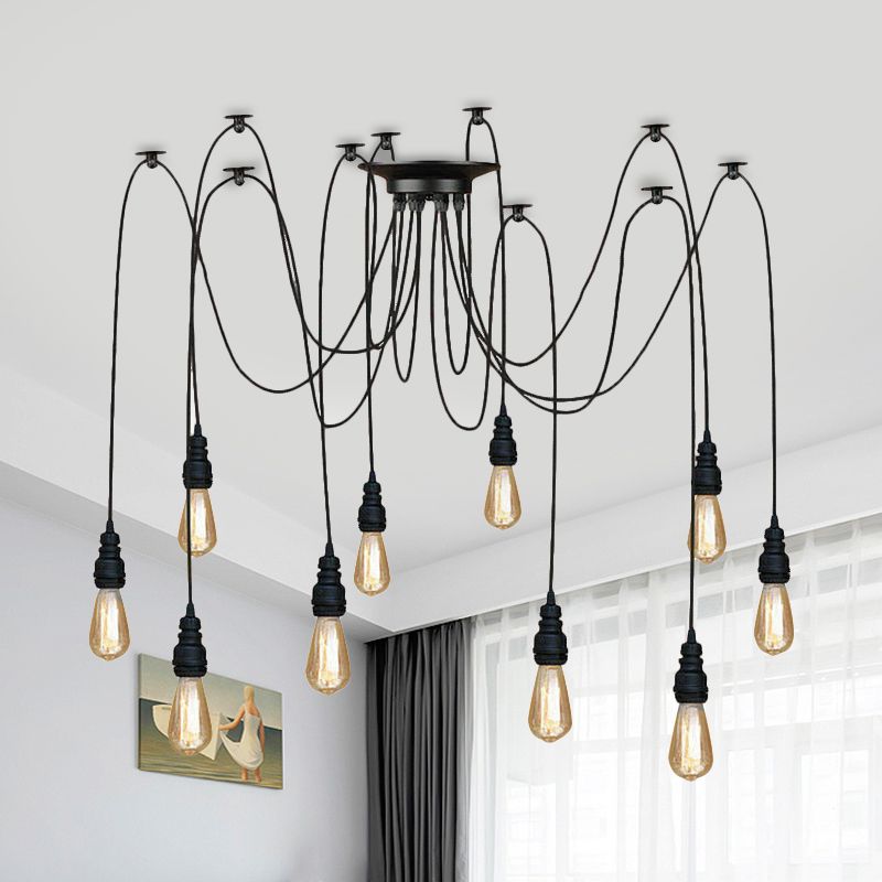 Industrial Style Swag Hanging Lamp 2/3 Heads Metal Pendant Ceiling Light with Exposed Bulb in Black Finish