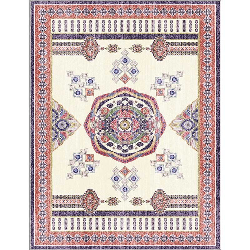 Beige and Red Vintage Rug Polyester Medallion Pattern Rug Washable Non-Slip Backing Carpet for Living Room