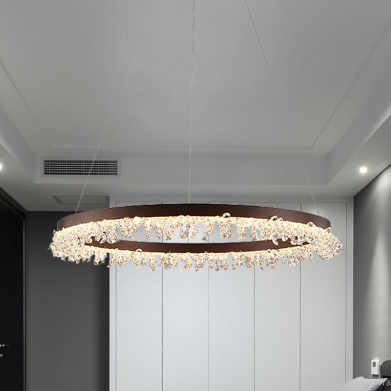 Ring Pendant Light Kit Simple Style Crystal Beaded Brown LED Chandelier Lamp, 16"/23.5" Wide