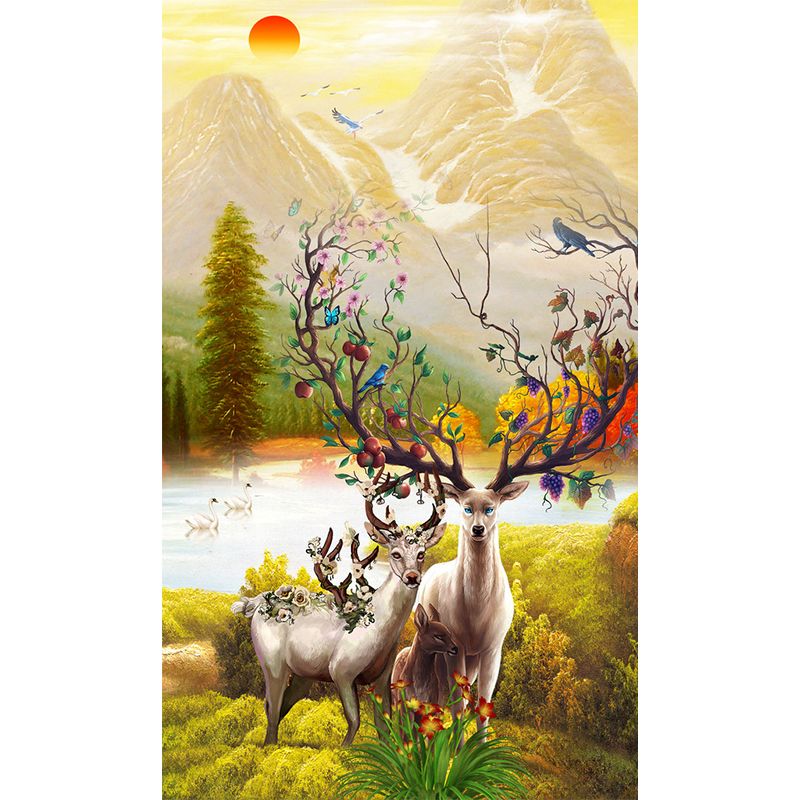 Deer in Sunrise Mountain Mural Yellow-Green Childrens Art Wall Covering for Bedroom