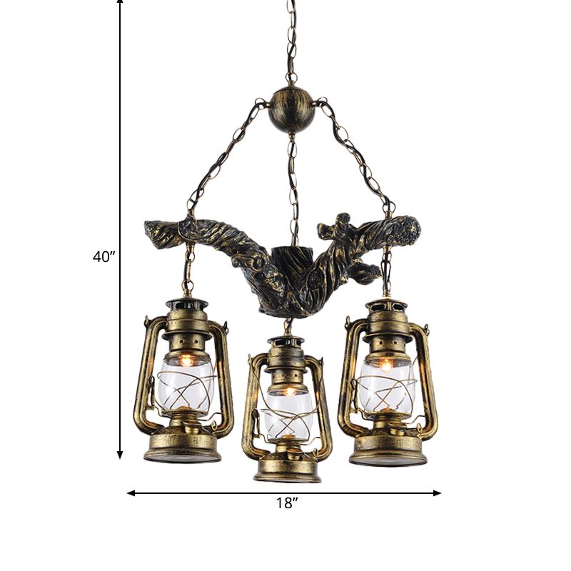 3 Lights Clear Glass Chandelier Light Coastal Brass Lantern Dining Room Ceiling Pendant with Resin Branch Beam