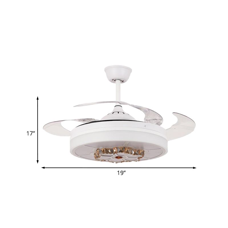 3 Blades Drum Semi Flush Light Modernism White Crystal Pendant Fan Lamp for Living Room, 19" Wide