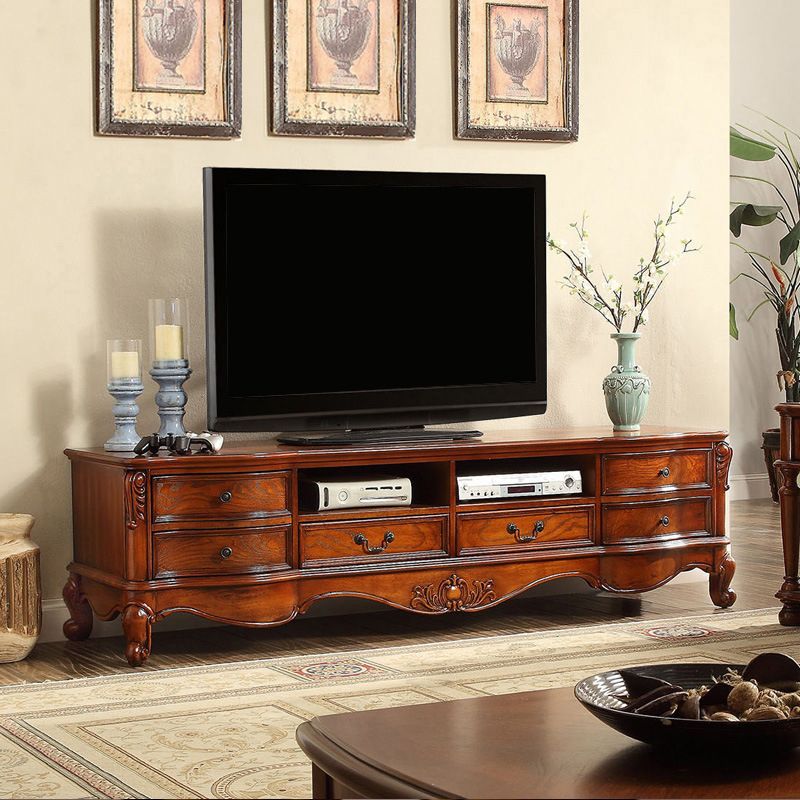 Traditional Wood TV Stand Console Open Storage TV Media Stand with Drawers for Living Room