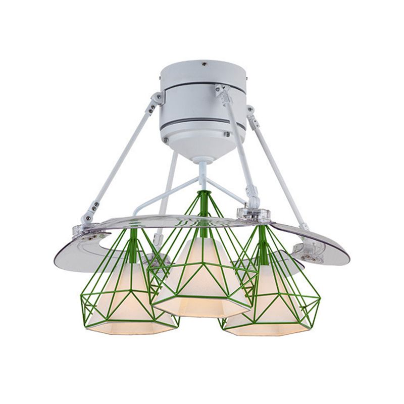 Metal Diamond Frame Semi Flush Minimalism 3-Light Black/White/Green 4-Blade Ceiling Fan Lighting for Bedroom, 48" Wide