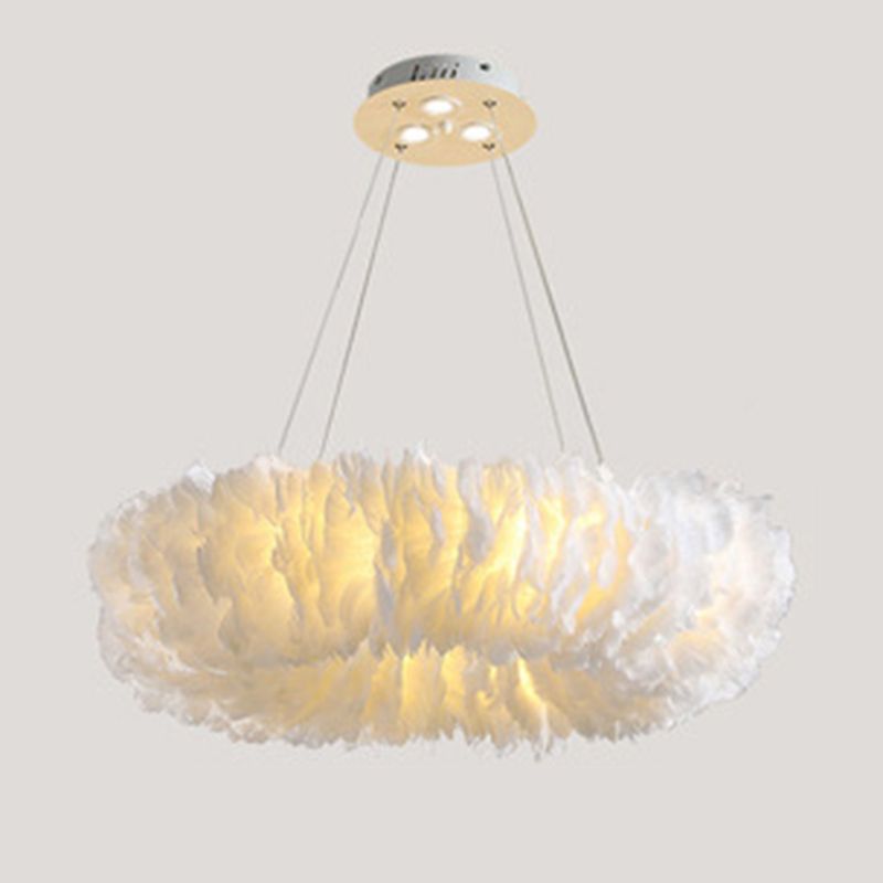 White Circular Hanging Lamp in Modern Fashionable Style Wrought Iron Chandelier with Feather Shade