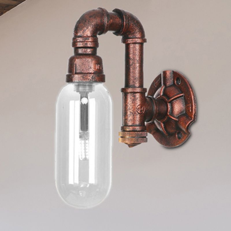 1 Bulb Clear Glass Wall Lighting Industrial Weathered Copper Oval Bedroom Sconce Light Fixture with Pipe Design