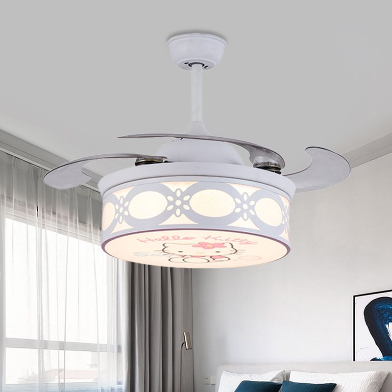 4 Blades Drum Semi Flush Mount Lamp Kids Metal Bedroom 36" W LED Hanging Pendant Fan Light in White/Pink with Cartoon Cat Pattern, Remote/Wall and Remote Control