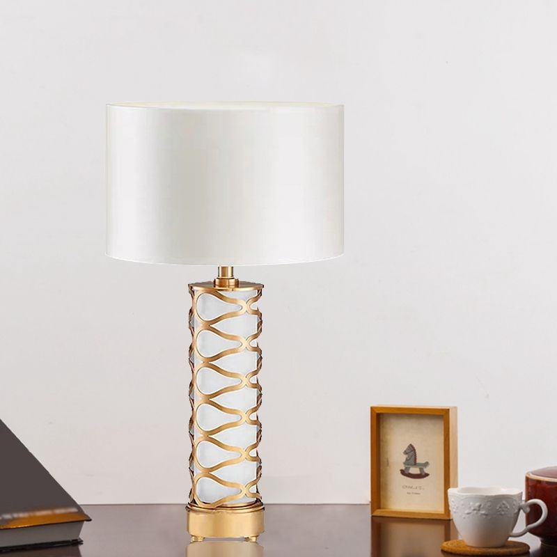 Drum Bedroom Night Table Lamp Classic Fabric 1-Head White Desk Light with Cylinder Base