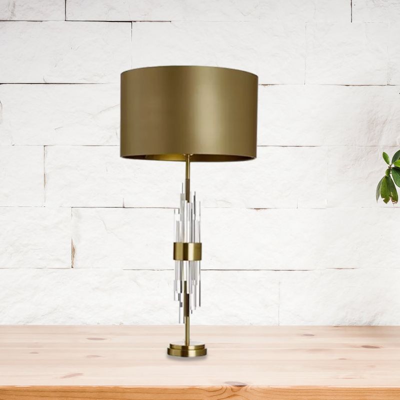 Gold Drum Table Light Minimalist 1-Light 13"/15" Wide Fabric Nightstand Lamp with Prismatic Crystal Accent