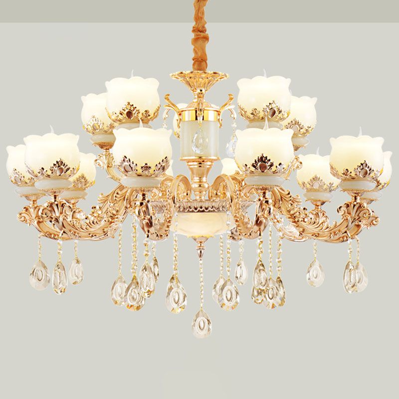 Minimal Chandelier Light Fixture Gold Blossom Crystal Pendant Lighting with Jade Shade