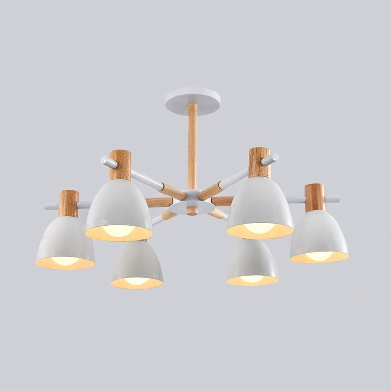 Bell Shaped Living Room Chandelier Metal Macaron Style Ceiling Hang Light with Wood Accents