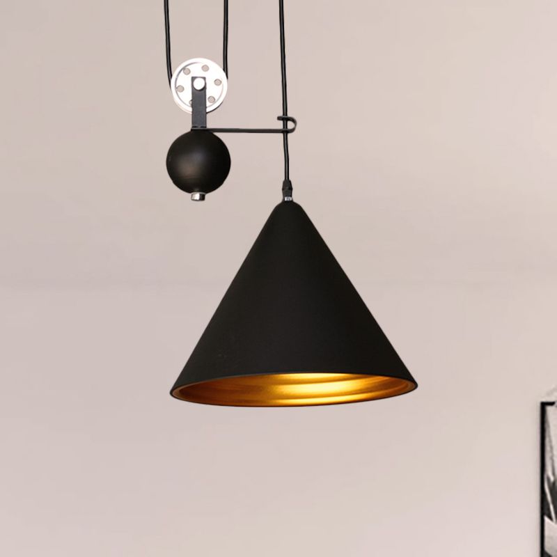 Black/White Finish Conical Hanging Lamp with Pulley Industrial Style Metal 1 Light Farmhouse Pendant Lighting