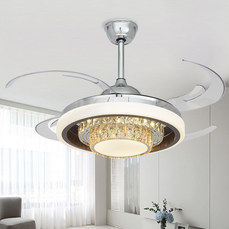 LED Metal Hanging Light Light Modern Silver Round Sala de estar Semi Flush Techo de techo con 4 cuchillas transparentes, 42 "W