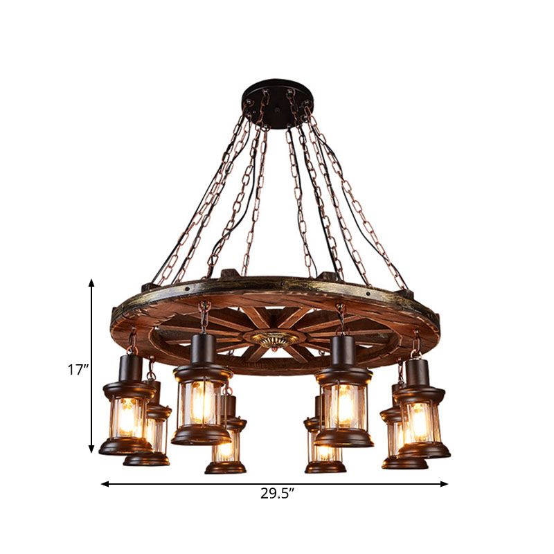 Kerosene Dining Room Hanging Chandelier Coastal Clear Glass 8 Lights Black Finish Ceiling Fixture with Wood Wheel Deco