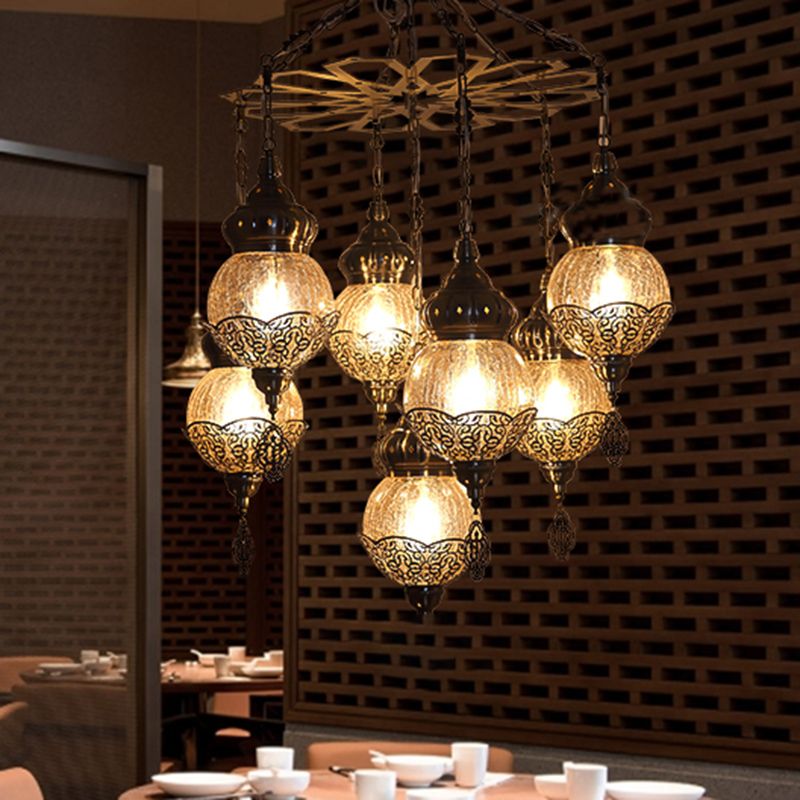Bronzo sferico lampadario marocchino crackle ambra crackle a 7 luci ristorante appeso a soffitto con telaio metallico
