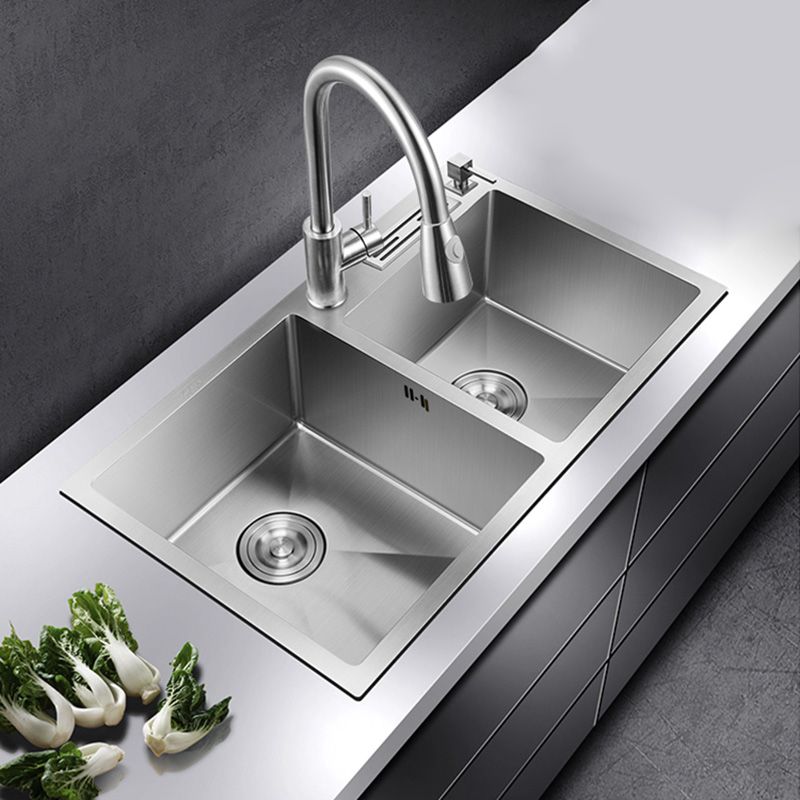 Contemporary Style Kitchen Sink Stainless Steel Double Basin Drop-In Kitchen Sink