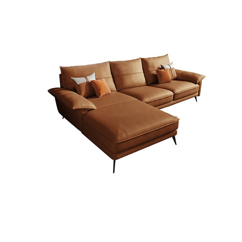 Brown Genuine Leather Sectional Pillow Top Arm Sofa with Pillows