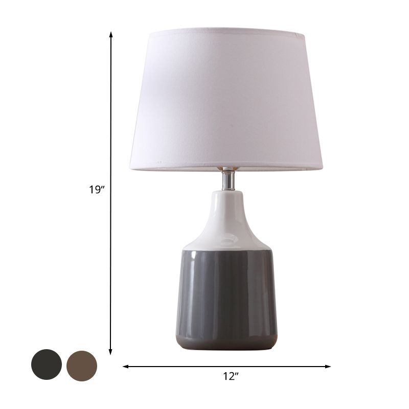 Modern Tapered Drum Table Light Ceramic 1-Light Bedside Night Lighting in Brown/White and Gray with Fabric Shade