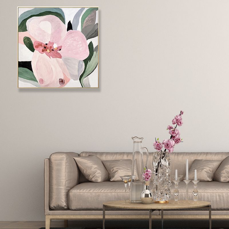 Flower Wall Art Decor Traditional Textured Square Canvas in Pink for Living Room