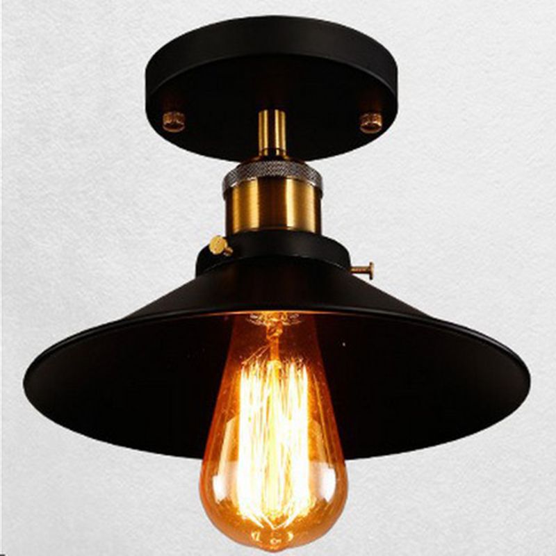 Luz de colgante semi descarga Hall de estilo vintage Semi-Flush Light con tono de metal de cono en negro