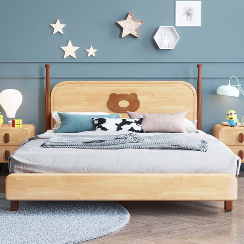 Solid Wood Platform Bed Brown Rubberwood Kids Bed with Headboard