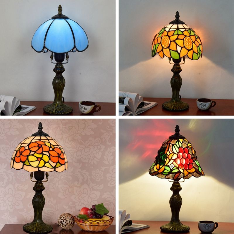 Dome Table Light Single-Bulb Stained Art Glass Tiffany Style Nightstand Lamp for Bedroom