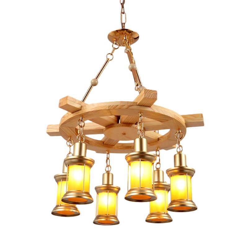 Orange Glass Gold Chandelier Lamp Lantern 6-Light Industrial Pendant Lighting Fixture with Wood Rudder Deco