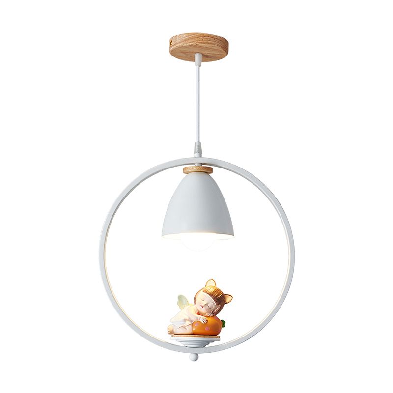 Tapered Shade Metallic Suspension Light Kids Single Textured White Pendant Light with Halo Ring and Resin Figurine