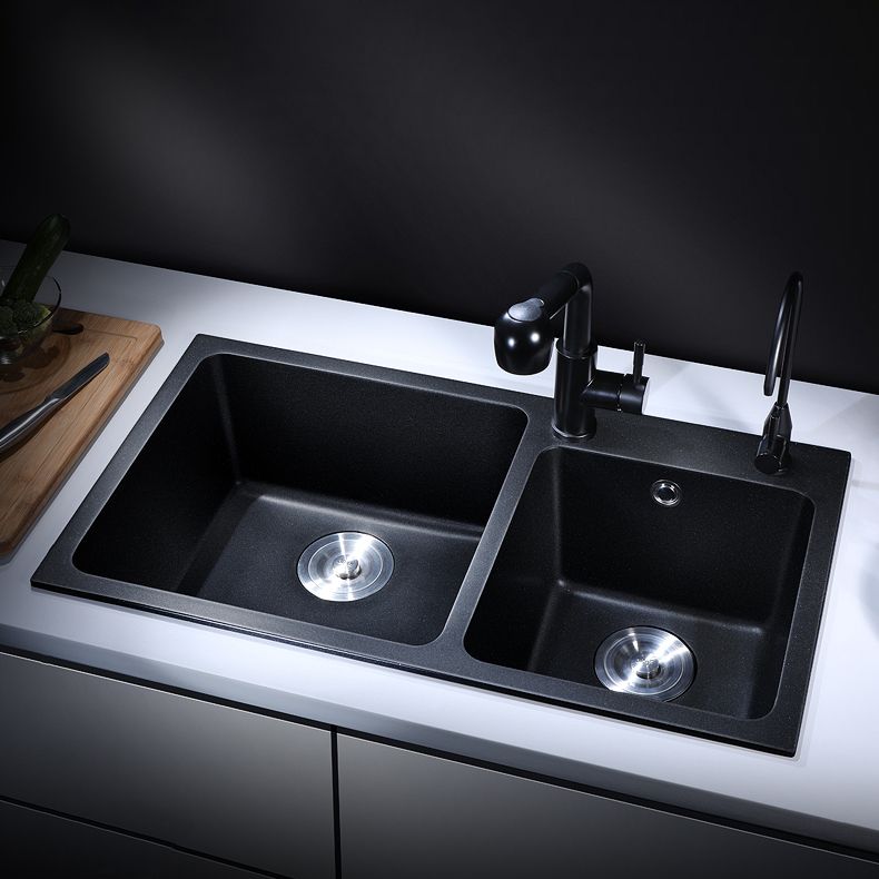 Modern Quartz Kitchen Double Basin Overflow Hole Sink Kitchen Sink in Black