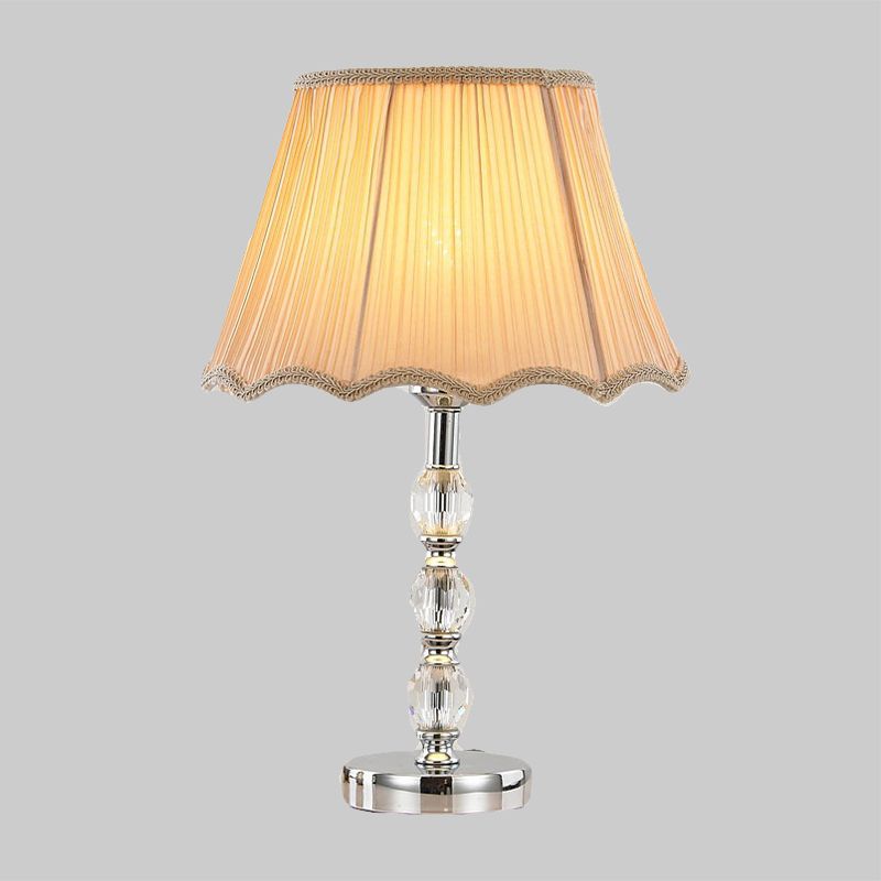 1-Head Bedroom Crystal Table Light Minimalism Beige Nightstand Lamp with Bell Fabric Shade