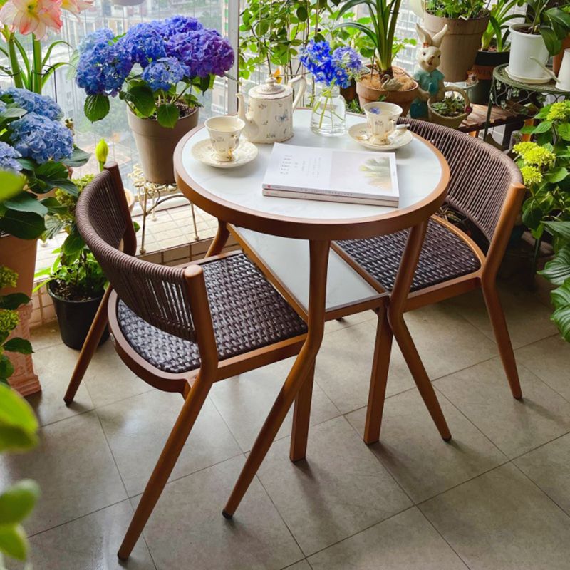 Faux Wooden Dining Table Set with Rattan Chairs for Outdoors