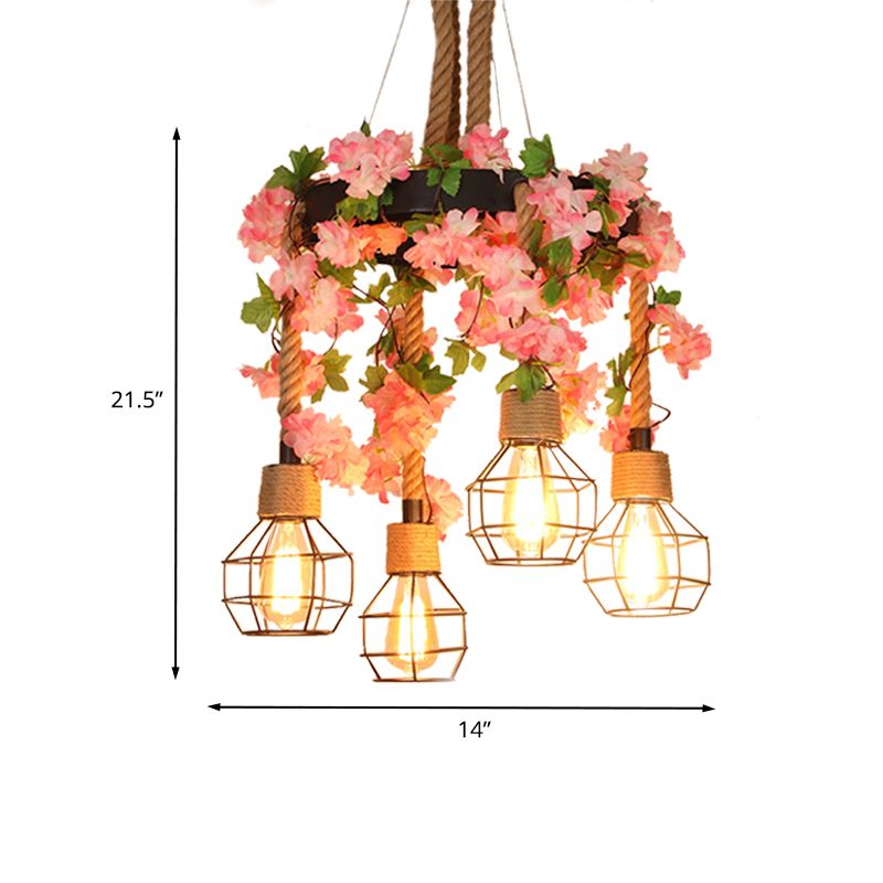 4/8 Lights Orb Cage Pendant Chandelier Retro Black Hemp Rope Ceiling Hang Fixture with Flower Decoration