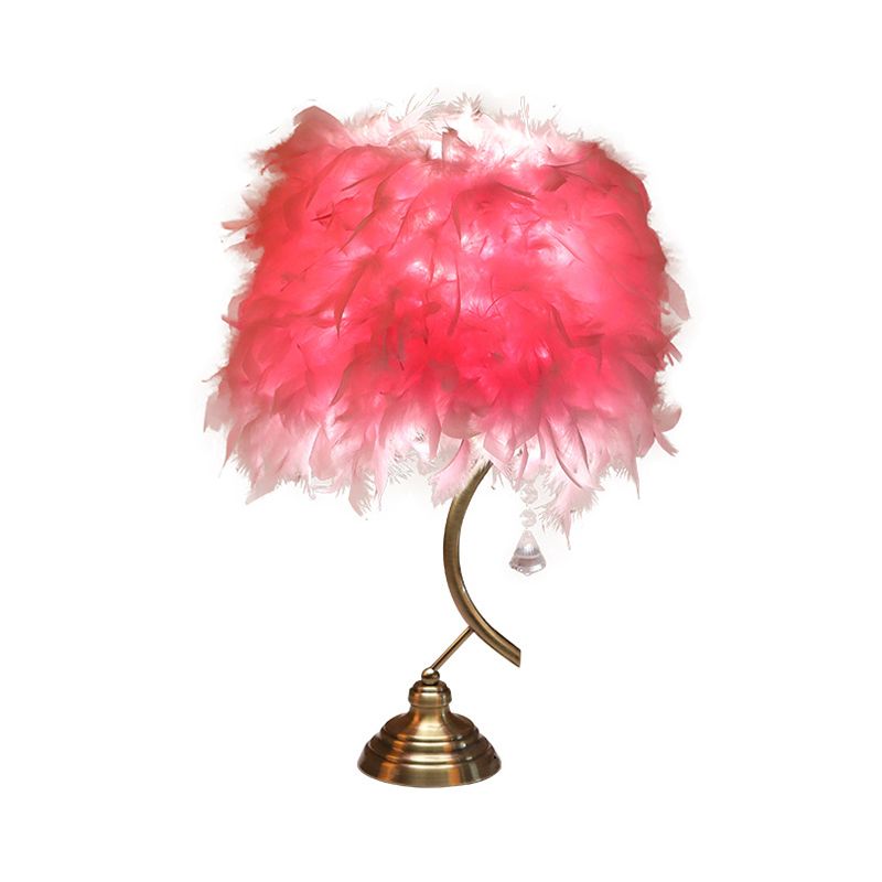 White/Pink Tapered Table Lamp Contemporary 1 Head Feather Nightstand Light with Crystal Drop