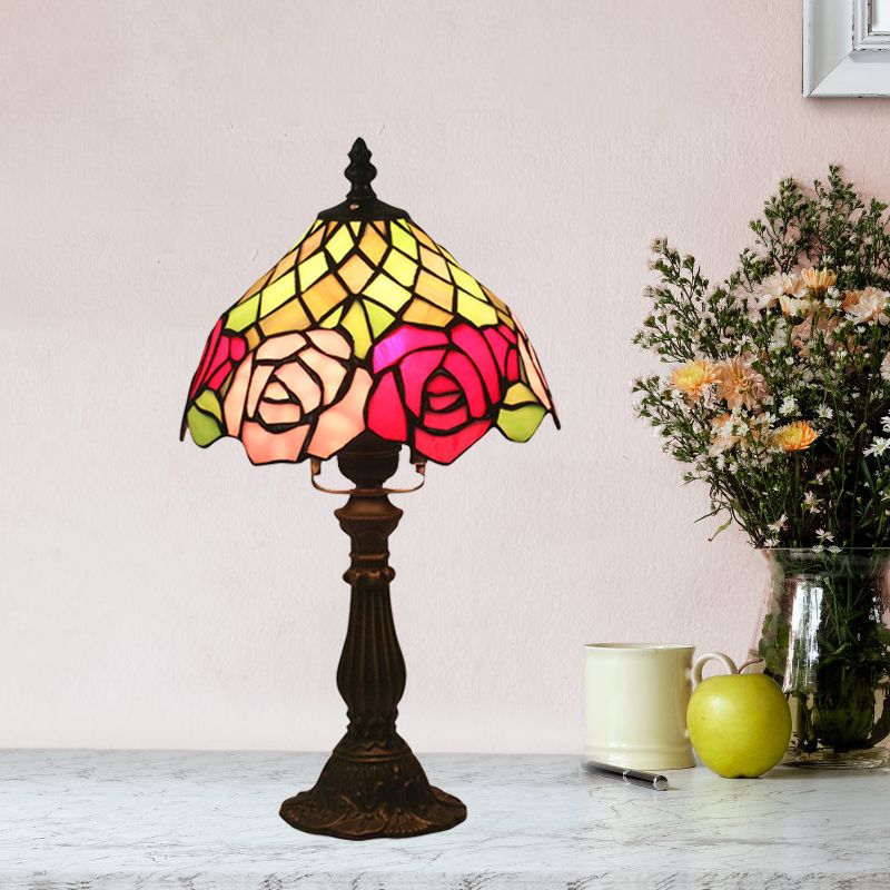 Dark Coffee 1 Bulb Table Lighting Mediterranean Stained Glass Bowl Night Light with Rose Pattern