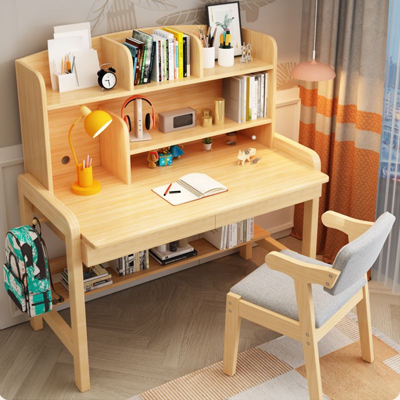 Solid Wood Writing Desk Table and Chairs Set Adjustable Kid's Desk with Storage Shelves