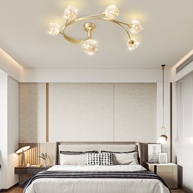 Metal Curve Semi Flush Mount Minimalist Starry LED Ceiling Light with Ball Glass Shade