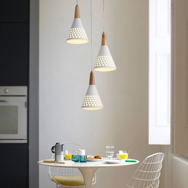 Iron Cone Cluster Pendant Light Modernist 3-Head Suspension Lamp with Hollow Out Grid Design in White and Wood