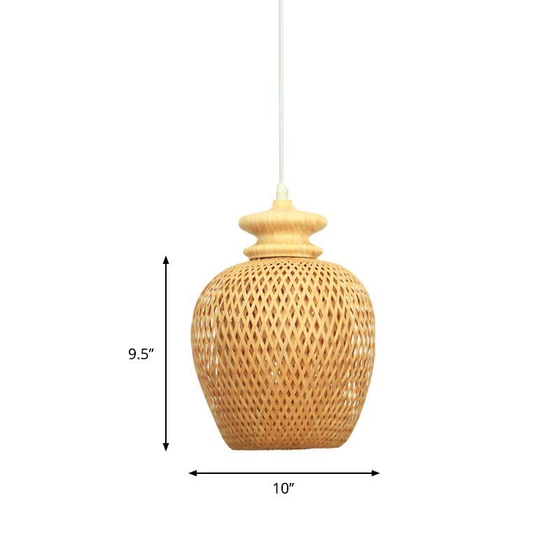 Urn Bamboo Suspension Lighting Traditionary 1 Bulb Wood Hanging Ceiling Light