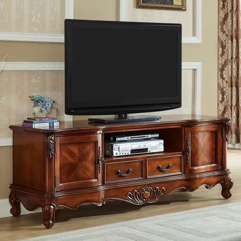 Brown Traditional Style TV Cabinet Rubber Wood and Birch Wood TV Stand