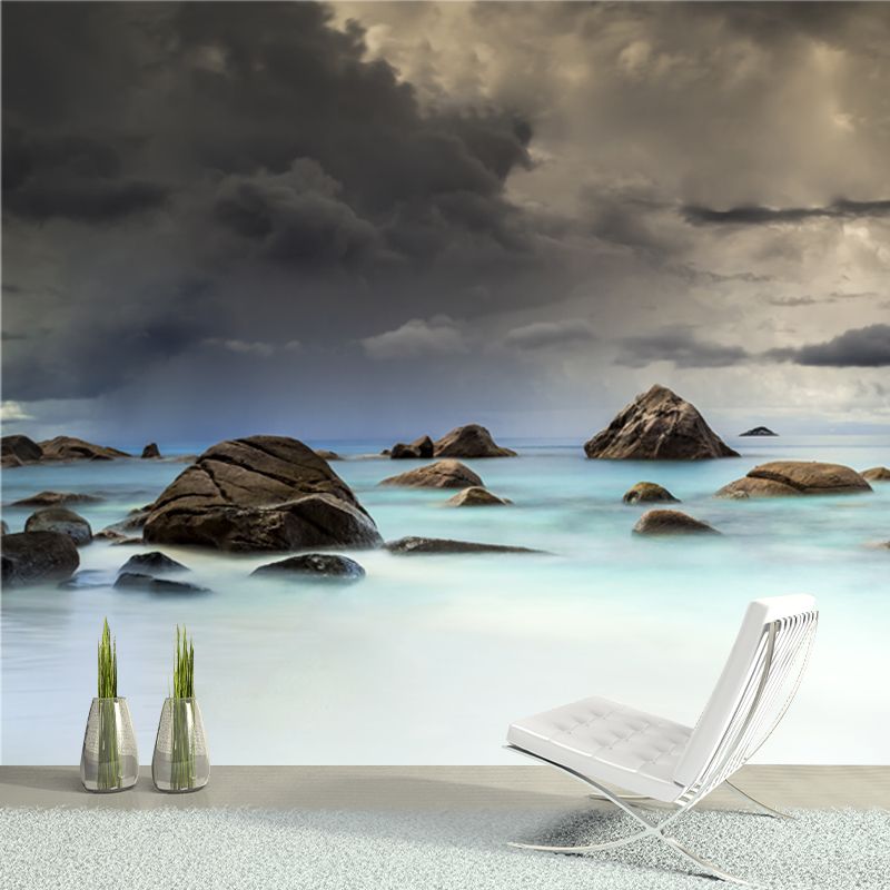 Blue-White Tropics Wallpaper Mural Whole Sea Rocks with Dark Cloud Sky Wall Art for Home