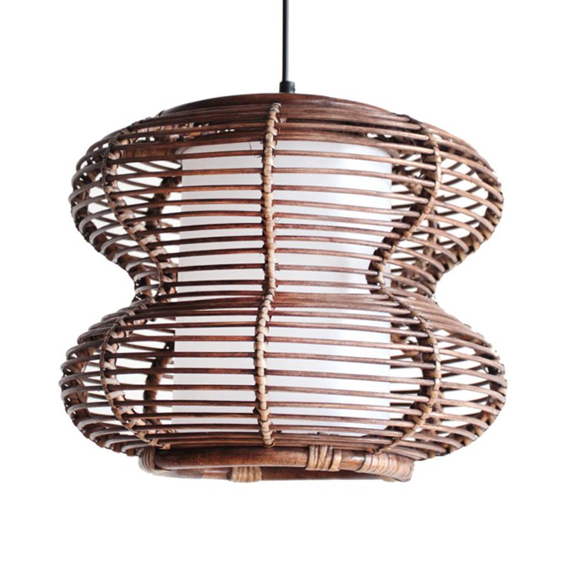 Gourde brune suspension de luminaire suspendu en bambou à style asiatique avec une nuance intérieure à cylindre pour le salon