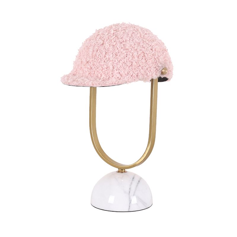 Hat Plush Table Light Modern 1 Bulb Pink Night Lamp with Iron Frame and Marble Base for Bedroom