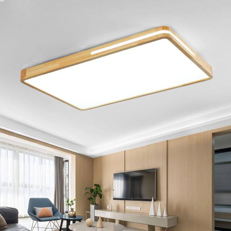 Japanese Style Rectangle Ceiling Light Wood LED Flush Mount Light for Living Room