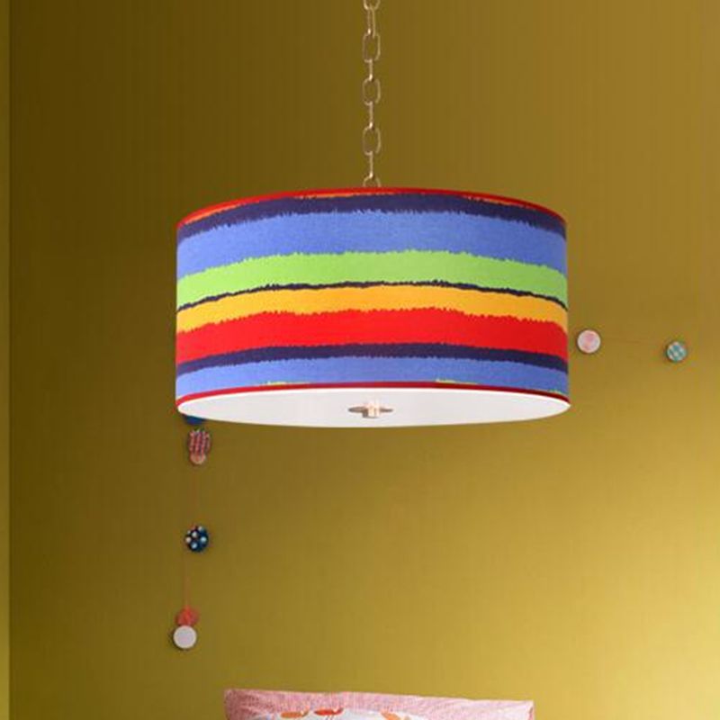 Red and Blue Drum Ceiling Light Fixture Kids 1 Light Fabric Hanging Pendant Lamp for Child Bedroom