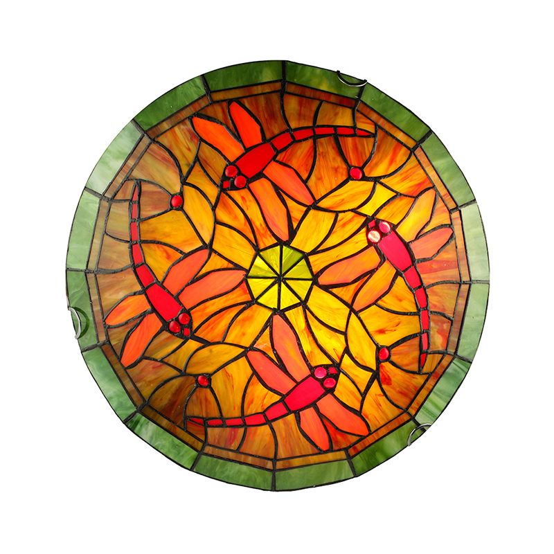 Lodge Dragonfly/Floral Flushmount 3 Bulbs Stained Glass Flush Ceiling Light in Yellow for Living Room